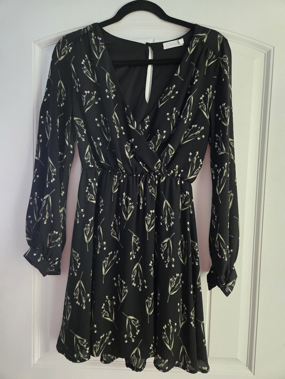 Floral Wrap-Front Long Sleeve Dress - Black